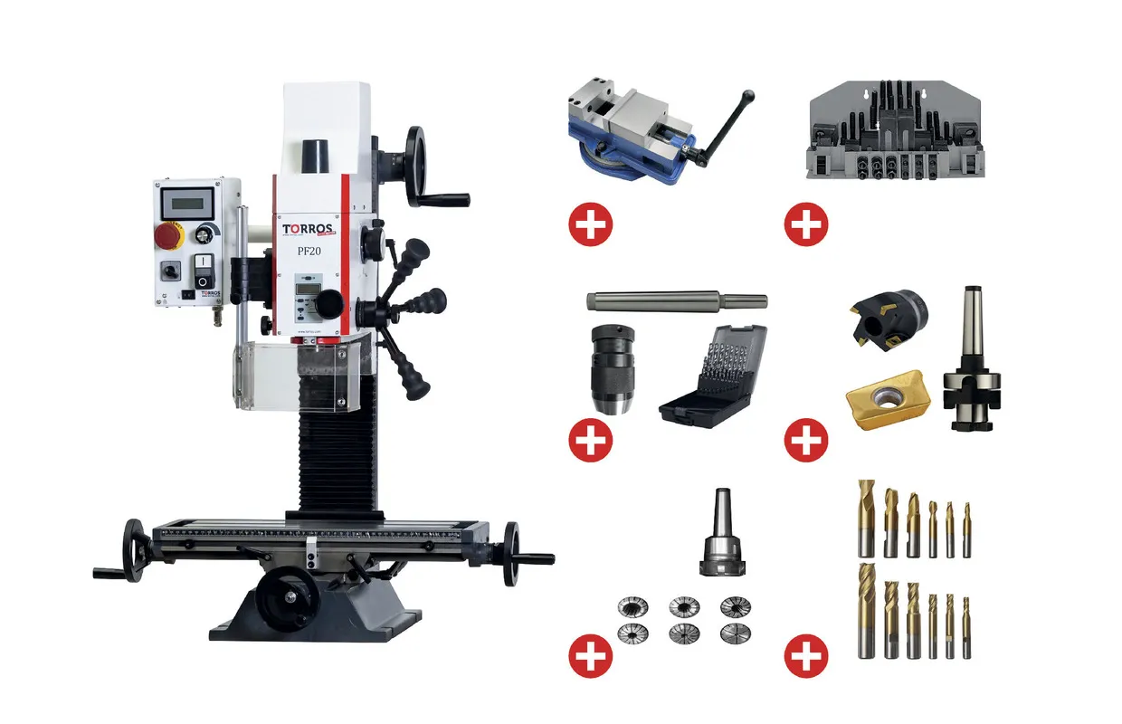 Boorfreesmachine X 280 mm Y 175 mm Z 280 mm MK2/M10 0,85 kW 230V met essentiële accessoires Torros