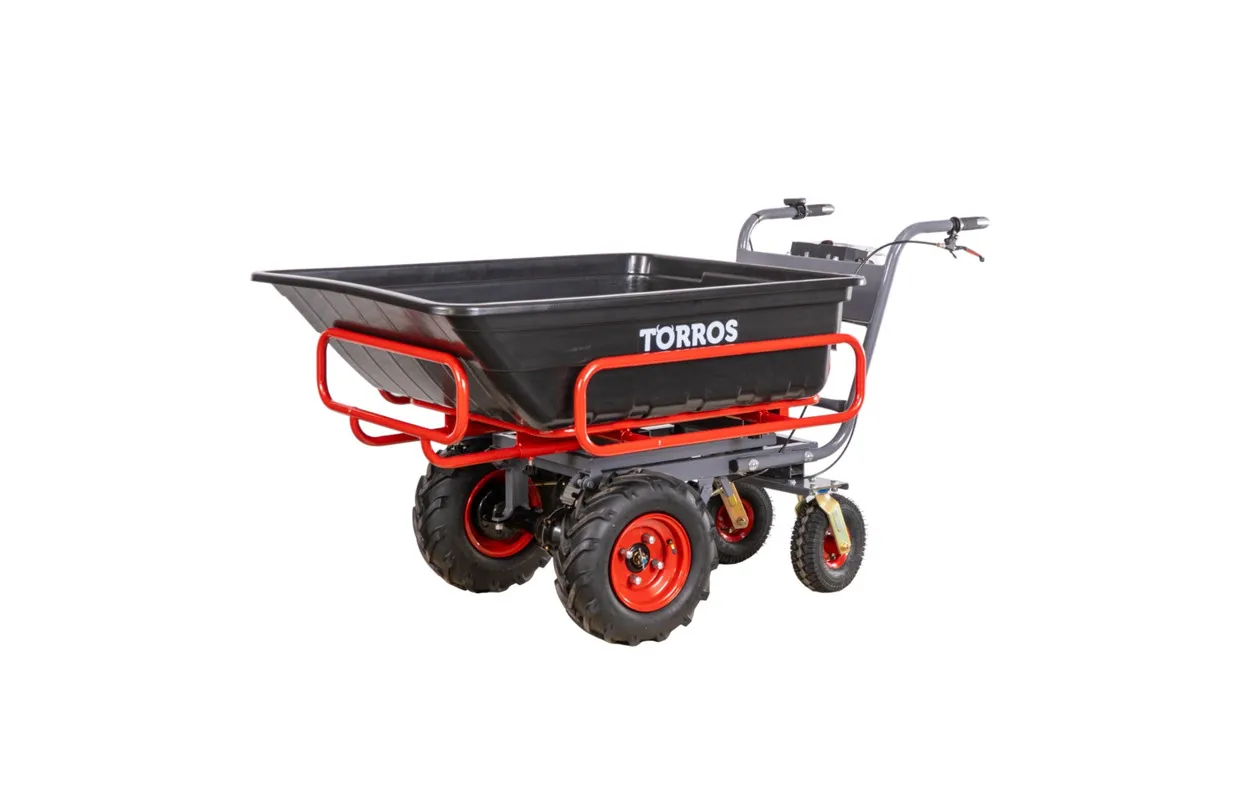 ELEKTRISCHE PLATFORMWAGEN 4 WIELEN MET UITSCHUIFBAAR AFNEEMBAAR FRAME INCL. PP BAK 300L 300KG  BATTERIJ 40V / 6AH TORROS